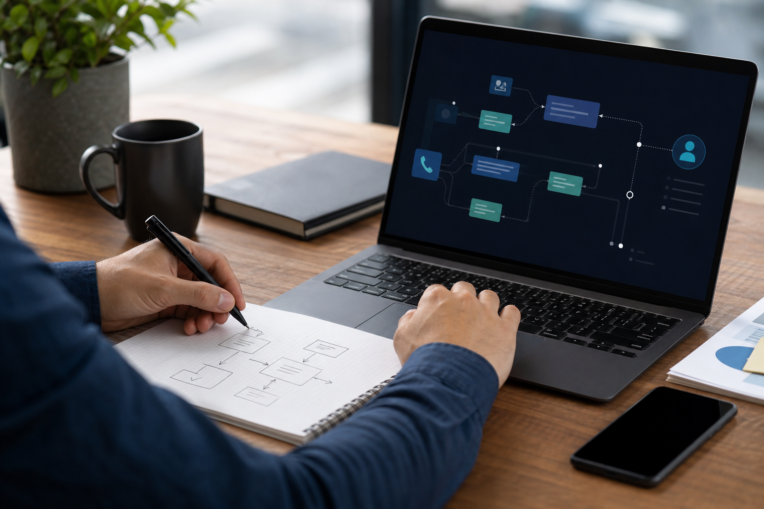 Workflow planning on a laptop and notebook